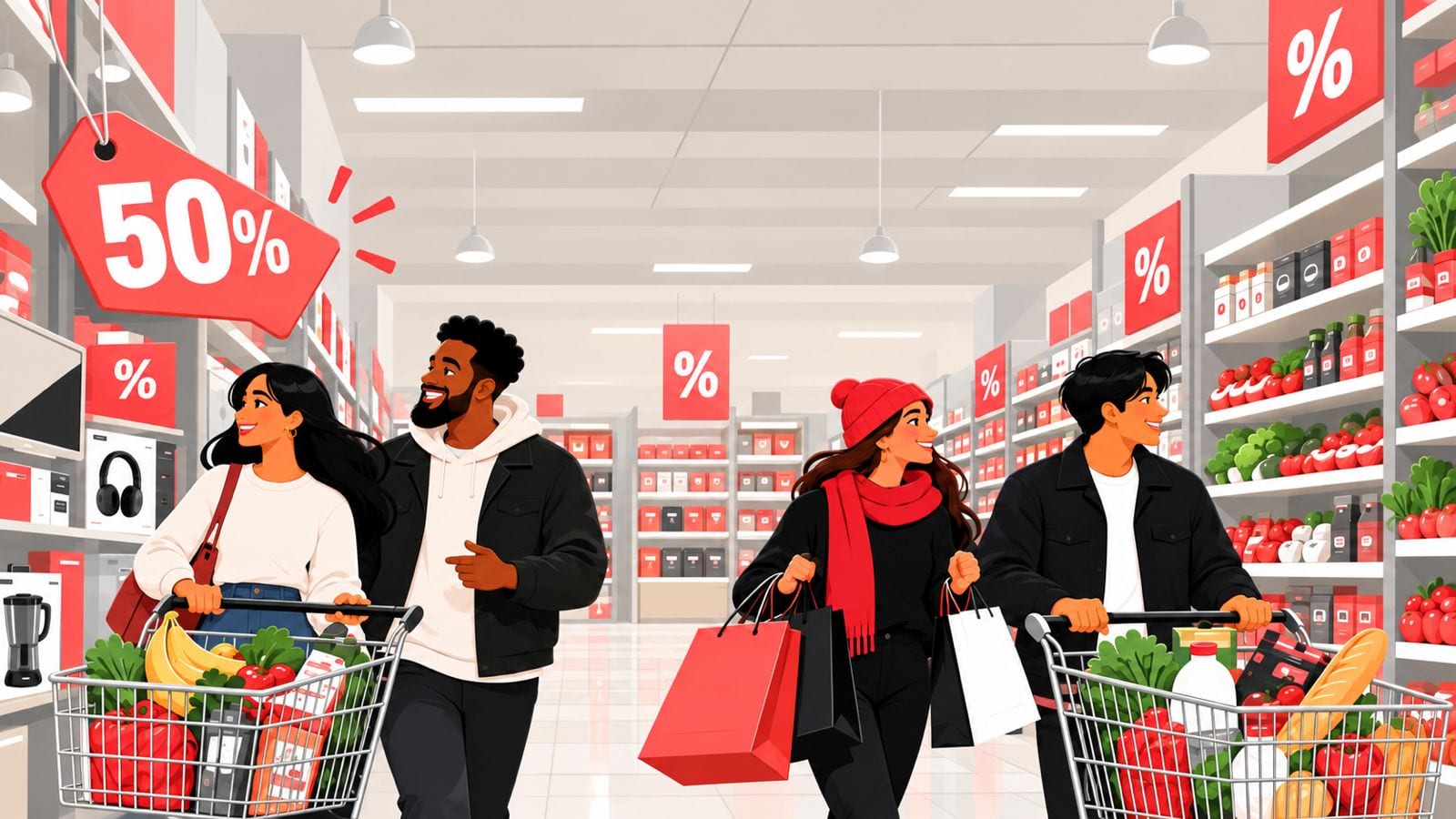 Shoppers with full carts walking down a store aisle under red 50% and percent-off sale signs.
